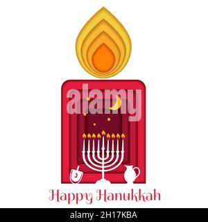 Happy Hanukkah, Jüdisches Festival der Lichter Papierschnitt-Grußkarte mit Chanukka-Symbolen Dreidels, Kreide, hebräische Buchstaben, Menorah-Kerzen, Öl j Stock Vektor