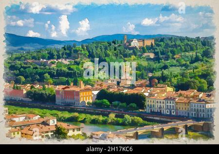 Aquarell-Zeichnung von Top Luftpanorama der grünen Hügel mit Abbazia di San Miniato al Monte, Brücken über den Fluss Arno, blauer Himmel weiße Wolken BA Stockfoto