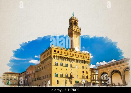 Aquarell-Zeichnung des Palazzo Vecchio mit Glockenturm und Loggia dei Lanzi auf der Piazza della Signoria im historischen Zentrum von Florenz Stockfoto