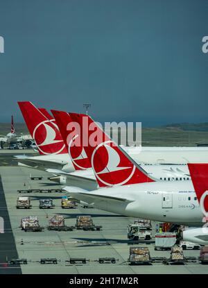 Schwänze von Flugzeugen türkischer Fluggesellschaften mit Logo am Terminal, dem neuen Flughafen Istanbul. Türkei Stockfoto