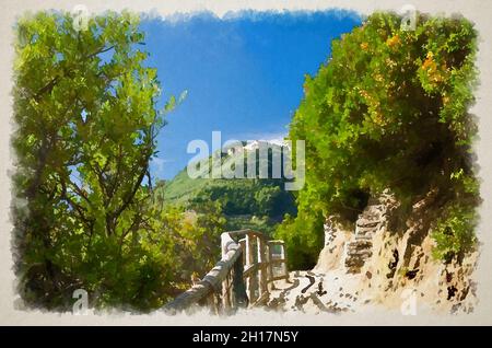 Aquarell-Zeichnung von Fußgänger-Wanderweg Stein Weg mit Geländer zwischen Corniglia und Vernazza Dörfer mit grünen Bäumen, blauer Himmel Hintergrund, N Stockfoto