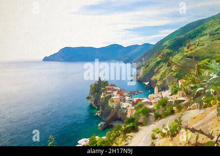 Aquarell Zeichnung von Top Luftaufnahme von Vernazza typischen Dorf mit bunten Gebäuden Häuser, Castello Doria Burg auf Klippe Genua Golf, Ligurisch Stockfoto