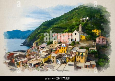 Aquarell-Zeichnung von Luftaufnahme des Dorfes Vernazza mit typischen bunten bunten bunten Gebäuden, Hafen, Yachthafen, grünen Hügeln und Genua Golf, Liguri Stockfoto