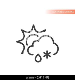 Wettersymbol mit Sonne, Schnee, Wolken und Regen. Umrisssymbol, bearbeitbare Kontur. Stock Vektor