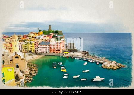Aquarell Zeichnung von Vernazza Dorf mit bunten bunten bunten Gebäuden Häuser, Castello Doria Burg auf Felsen und Hafen mit Booten, Ligurisches Meer, Stockfoto