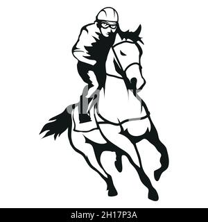 Pferderennen. Jockey auf Rennpferd läuft bis zur Ziellinie. Rennstrecke Stock Vektor