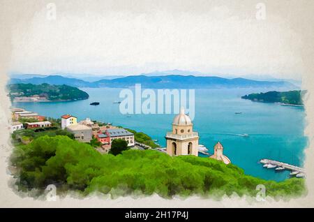 Aquarell Zeichnung von Top Luftaufnahme des Golfs von Spezia türkisfarbenes Wasser, Kuppel der Chiesa di San Lorenzo Kirche in Portovenere Stadt, Palmaria Insel, Li Stockfoto