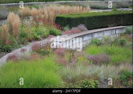 BOTTROP, DEUTSCHLAND - 21. AUGUST 2021: Bepflanzung im mehrjährigen Wiesenstil, entworfen von Piet Oudolf im öffentlichen Park Bern Stockfoto