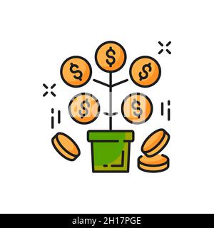 Finanzielle Investitionen und Einsparungen, Geldbaum Farbliniensymbol. Vector Pensions- und Pensionseinnahmen. Zweige mit goldenen Münzen, aufwachsen finanziell Stock Vektor