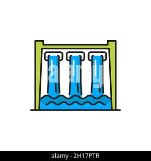 Wasserkraft Wasser Damm Energiequellen isoliert Farblinie Symbol. Die Vektorbarriere stoppt oder schränkt den Fluss unterirdischer Wasserströme ein. Bewässerung, Verbrauch Stock Vektor