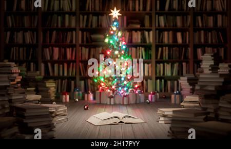 Geschmückter Weihnachtsbaum in der Bibliothek mit alten Büchern, Holidays in Bookstore Concept 3d Render 3d-Illustration Stockfoto