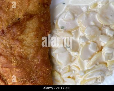 Nahaufnahme eines isolierten panierten frittierten Fischs mit fettigem Kartoffelsalat aus Mayonnaise auf weißem Pappteller im niederländischen Fast-Food-Restaurant Stockfoto