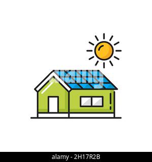 Sonnenkollektoren im Haus, erneuerbare Energie Sonnenenergie isoliert Farbe dünne Linie Symbol. Vector moderne Architektur, umweltfreundliche Hütte. Grün h Stock Vektor
