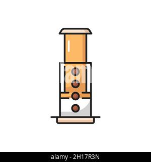 AeroPress Gerät zur Herstellung von Kaffee isoliert flache Linie Symbol. Vector alternative Kaffeebrühmethode, Schieben Hand Schema Prozess, Aero-Presse mit gla Stock Vektor