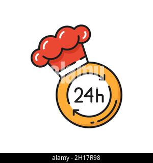 Online-Bestellungen für Fast Food-Lieferung 24 Stunden isoliertes Symbol. Vector Express Tag Nacht bestellen und liefern Dienstleistungen, Emblem mit Koch Koch Hut. Notfall Stock Vektor