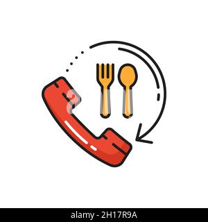 Symbol für die Lebensmittelzustellung. Schnelle Online-Bestellung und Versand isoliert Telefonempfänger, Gabel und Löffel flache Symbol. Vektor-Telefonhörer und Küchenutensilien, Stock Vektor
