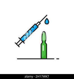 Schussinjektion mit Nadel und Tropfen, globale Immunisierung, isolierte Farbliniensymbol für medizinische Versorgung. Vector Corona Prävention, Grippe-Erkrankungen Behandlung. Stock Vektor