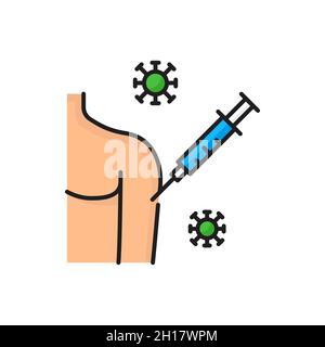 Virusimpfstoff und -Impfung in der Schulter, Symbol für isolierte Farblinien zur Vorbeugung gegen Coronoviren. Vector antivirale Injektion, medizinische Spritze im menschlichen Körper, Stock Vektor