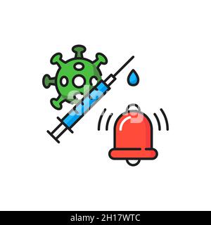 Impfzeit für Coronavirus, klingelnde Glocke, Spritze und kovidierte Bakterien isoliert Farbliniensymbol. Vector bereit zu impfen, Injektion Impfkamera Stock Vektor
