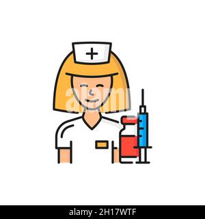 Arzt Krankenschwester Frau mit Pillen und Medikamenten, Spritze Schuss isoliert Farblinie Symbol. Vector antiviraler Impfstoff und Impfstoffinjektion. Gesundheitswesen und Sanitäter Stock Vektor