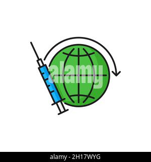 Spritze mit Coronavirus-Impfstoff, isolierte Farbliniensymbol für die Weltinjektion. Vektor-Impfung und Immunisierung. Herdenimmunität, Verteilung von Corona Stock Vektor