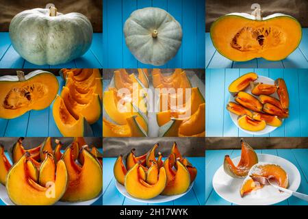 Süßer Kürbis Prinz Krone ganzen Prozess der Vorbereitung in einem Bild. Im Ofen gebackenes Süßes Squash-Dessert Stockfoto