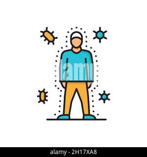 Immunsystem, Gesundheit Bakterien Virenschutz isoliert Farblinie Symbol. Vector gesunden Menschen reflektieren Bakterien Angriff mit Schild. Immunität stärken, medi Stock Vektor