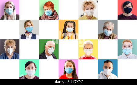 Menschen, die eine Maske benutzen und eine Videokonferenz mit dem Arbeitsteam im Rahmen einer COVID-19-Pandemie abhalten. Stockfoto