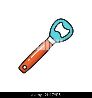Edelstahl Flasche Pull Opener isoliert Farblinie Symbol. Vector Stahlgerät Küchengerät zum Öffnen von Getränken, Getränken, Metallöffner mit rotem Holz Stock Vektor