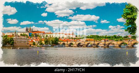 Aquarellzeichnung des Panoramas des historischen Zentrums von Prag mit der Prager Burg, der St.-Veits-Kathedrale im Stadtteil Hradcany, der Karlsbrücke Karluv Mo Stockfoto