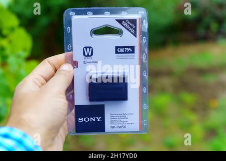 Volzhsky, Russland, 25. September 2021: Sony NP-FW50 Kamera Akku selektiver Fokus Stockfoto