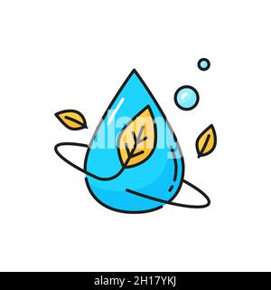 Natürlicher Duft Geschirrspüler Werbung Tropfen mit Pflanzenblatt isoliert dünne Linie Symbol. Vector Reinheitskonzept, Tropfen und Blätter in Bewegung. Wasser aqua Stock Vektor