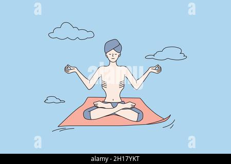 Yogi-Mann in Turban meditieren Yoga in Lotusposition Mudra Hände üben. Ruhiger indischer Guru-Lehrer hat Meditationssitzung, atmen frische Luft, lindern negative Emotionen. Vektorgrafik. Stock Vektor