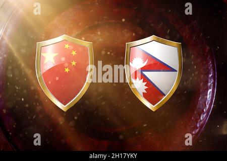 china und nepal Flagge in goldenem Schild auf kupferfarbenem Hintergrund. Stockfoto