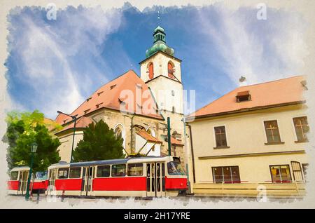 Aquarell-Zeichnung der katholischen Kirche St. Henry und St. Kunhuta Kostel und typische alte Retro-Straßenbahn auf Schienen in der historischen Altstadt von Prag Stockfoto