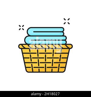 Stapel sauberer Handtücher im Wäschekorb, isoliertes Farbsymbol. Vector Weidenkorb mit sauberen Baumwollhandtüchern. Spa- und Badezimmergegenstände, Toilettenartikel. Stock Vektor