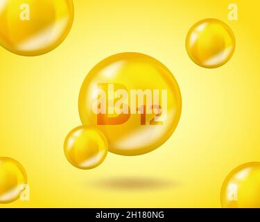 3D Vitamin Drop B12 Kapsel mit Cyanocobalamin. Realistisches B12 Cyanocobalamin Vitamin Complex Design Illustration. Gelbes Design für die Medikamentenernährung. Stock Vektor