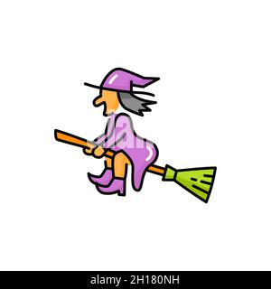 Halloween Dame gruselige Hexe auf Broomstick isoliert Cartoon-Symbol. Vektor Magie alte Frau Zauberer im Flug, lila baba yaga Charakter auf grünen Besen. U Stock Vektor