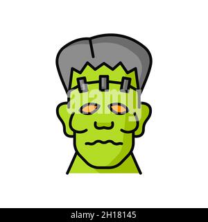 Grün gruselig Zombie isoliert Halloween tot Monster Umriss Symbol. Vektor-Monster, Vampir mit roten Augen, tot gruselige Person. Symbol der menschlichen Apokalypse, Stock Vektor