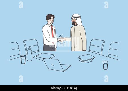 Kunden von multirassischen Geschäftspartnern schütteln nach erfolgreichen Verhandlungen im Büro die Hand. Lächelnde multiethnische arabische und kaukasische Geschäftsleute handshake close Deal. Vektorgrafik. Stock Vektor