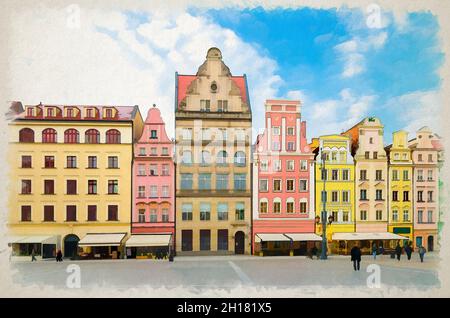 Aquarell-Zeichnung der Reihe von bunten traditionellen Gebäuden mit bunten Fassaden auf Kopfsteinpflaster Rynek Market Square in der Altstadt historischen Stadt c Stockfoto