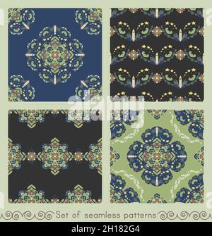 Satz von nahtlosen Mustern. Weihnachtsthema. Hübsche Mandalas mit Kerzen, Herzen und Sternen. Vektorgrafik. Stock Vektor