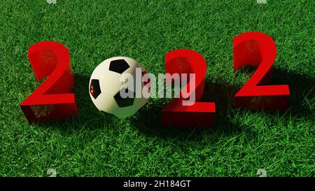 Eine 3D-Darstellung von 2022 und Fußball auf dem grünen Rasen Hintergrund Stockfoto