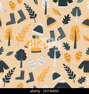 Nahtloses Muster mit niedlichen Herbst-Cartoon-Elementen - Wald, Pullover, Stiefel, Hut, Fäustlinge. Herbstsaison Stock Vektor