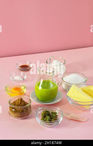 Zutaten Einschließlich Cannabis Infused Butter Zum Backen Von Marihuana Schokolade Brownies Auf Minimalistischen Rosa Hintergrund Stockfoto