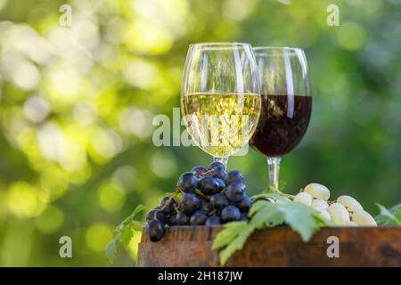 Zwei Gläser Rot- und Weißwein auf Fass im Garten Stockfoto