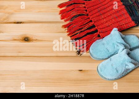 Paar lustige blaue Hausschuhe mit Katzengesicht und roter Strickschal mit Fransen über der natürlichen Holzoberfläche. Сomfy weiche Fleece-Schuhe für die kalte Jahreszeit. Stockfoto