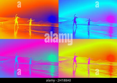 Zwei afrikanische Frauen tanzen am Strand bei Sonnenuntergang, mit Tafelberg im Hintergrund, im Retro-Neon-Sommertrend der 80er Jahre, Pop Art, Kapstadt Stockfoto