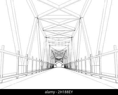 Perspektivische Ansicht des Truss Bridge-Modells. Rahmenmodell auf weißem Hintergrund umreißen, 3D-Darstellung Stockfoto