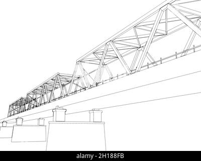 Fragment des Truss-Brückenmodells. Rahmenmodell auf weißem Hintergrund umreißen, 3D-Darstellung Stockfoto
